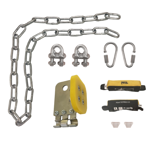 Emergency zip brake with absorber for tree to tree zipline